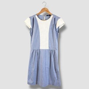 Byblos Denim Chambray Dress Size US 6 White Tweed Sleeve Bib Minimalist Luxury